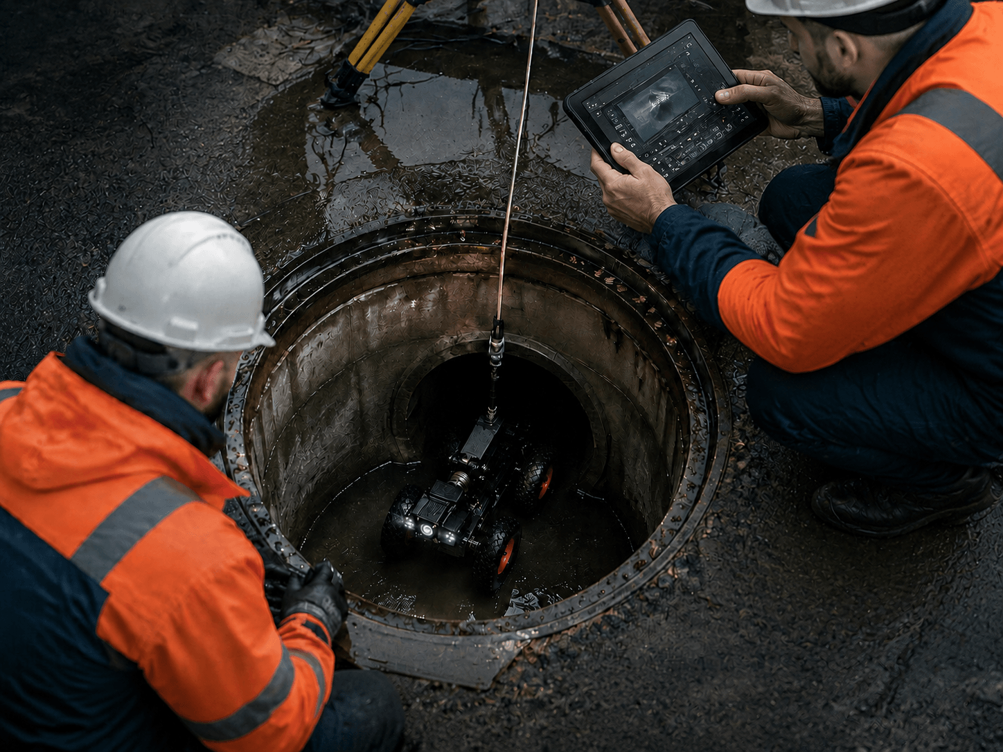Utility tunnel access chamber &mdash; K-Series robot entering a utility tunnel at an access chamber &mdash; replace with real field photography.