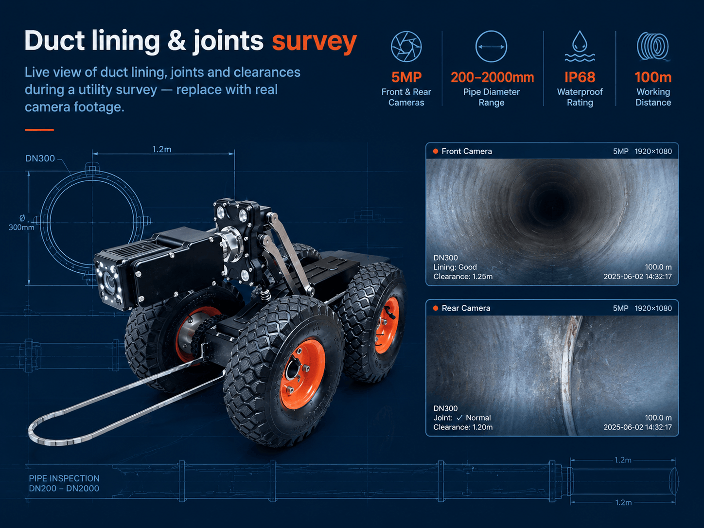 Duct lining & joints survey &mdash; Live view of duct lining, joints and clearances during a utility survey &mdash; replace with real camera footage.
