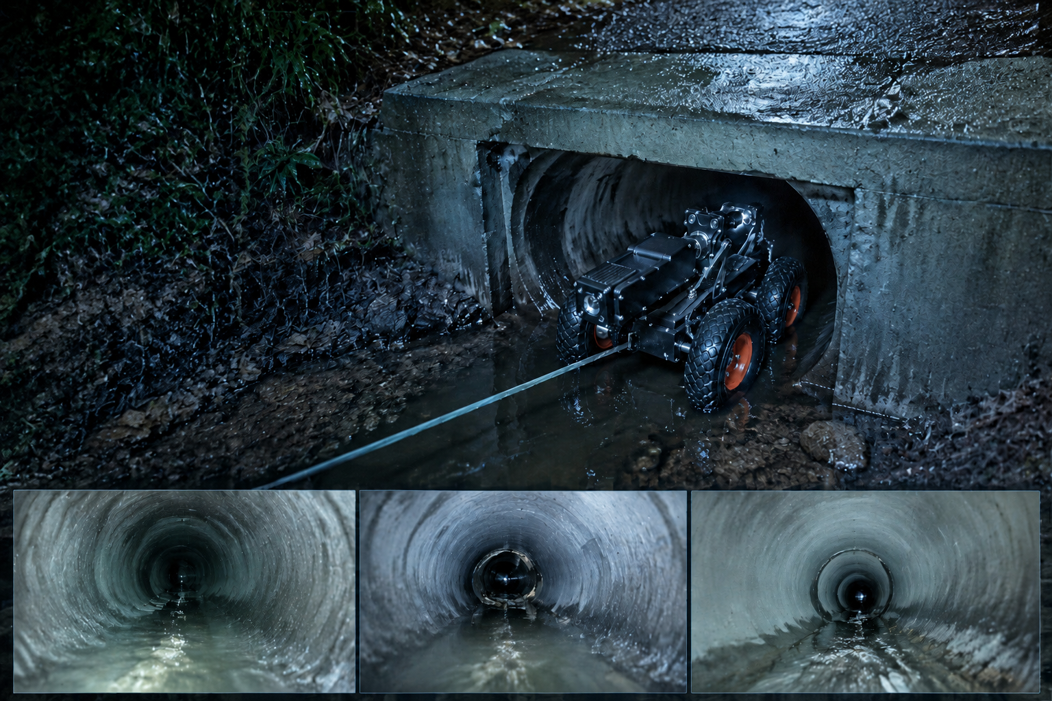 Stormwater inlet survey &mdash; K-Series robot entering a stormwater line at an inlet &mdash; replace with real field photography.